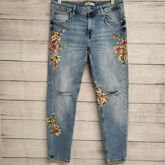 Zara Womens Blue Floral Medium Wash Mid Rise Distressed Denim Skinny Jeans Sz 10